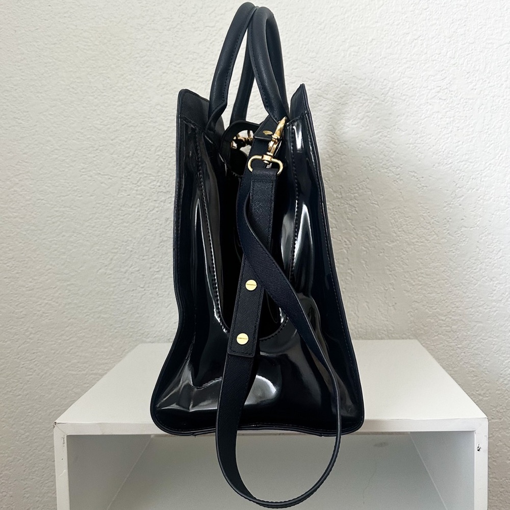 Zac Posen Eartha Satchel Navy Blue Patent Saffiano Leather Gold Purse Bag - Picture 5 of 14